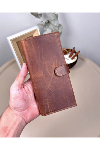 Fil Deri Wallet with Snap Fastener Phone Compartment Genuine Leather Hazelnut Color 2108