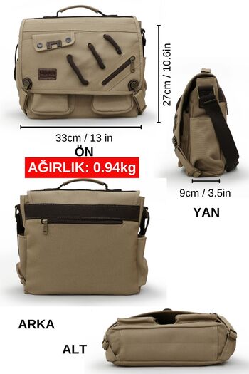 Cappadocia Vintage 4017 Light Brown 14-Inch Laptop Canvas Messenger School Bag Unisex with Lock Multi-Pocket Shoulder Strap