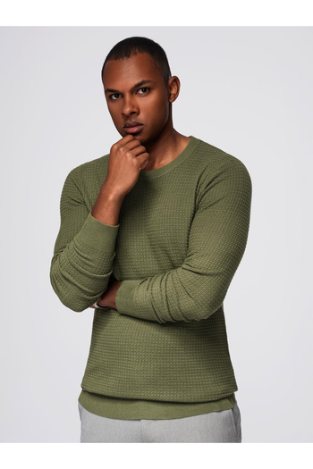 OMBRE Structured men's sweater with round neckline - olive V1 OM-SWSW-0181 M