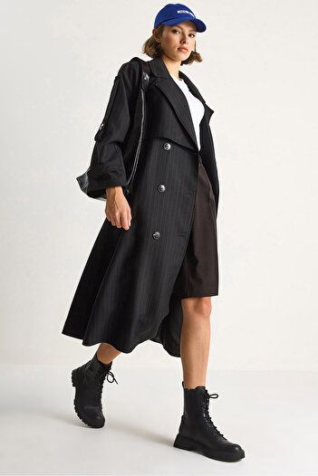 Bianco Lucci Women's Striped Button Detailed Belted Double Breasted Trench Coat 2038 60284055