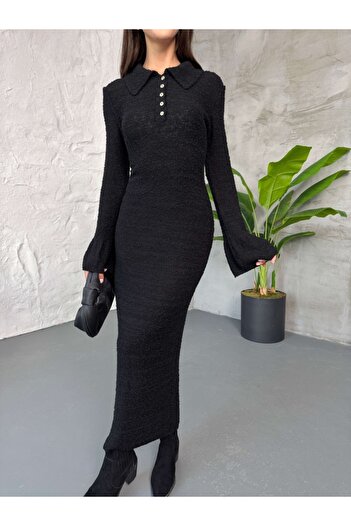 Elif Özbey Butik Siyah Polo Yaka Dokulu Triko Elbise