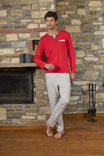 Cossy By Aqua Long Sleeve Button Detail Men's Pajama Set Cossybyaqua 26161-S - Coral