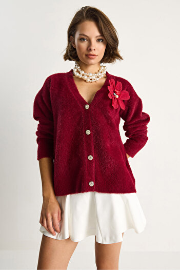 Bianco Lucci Women's V-Neck Buttoned Cardigan with Floral Accessories Soft Textured Cardigan 25301 60284081