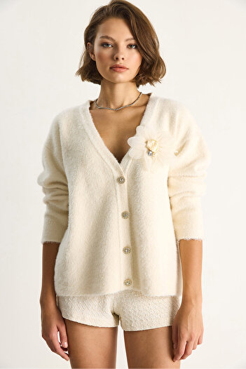 Bianco Lucci Women's V-Neck Buttoned Cardigan with Floral Accessories Soft Textured Cardigan 25301 60284081