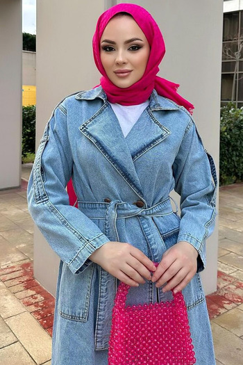 Ottawe Regular Uzun Kollu Çentikli Yaka Uzun Kol Düğmeli Kuşaklı Cepli Günlük Midi Boy Denim Jean Trençkot