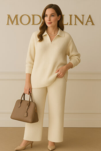 cheen Women's White Shirt Collar New Season Winter Knitwear Bottom Top Set