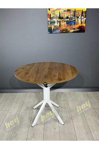 hey modüler mobilya Aras Ceviz 2 Kişilik Yuvarlak Mutfak Yemek Masası Takımı 2+1 Beyaz Kazayağı 80 cm