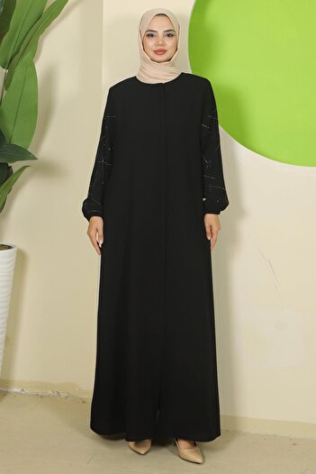 hafsamina Large Size Ferace Black with Stone on the Sleeves Hm2801