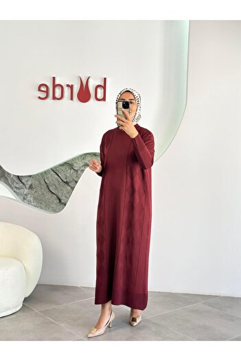 Armine Trend Baklava Desenli Merserize Elbise 25YTD958 Bordo