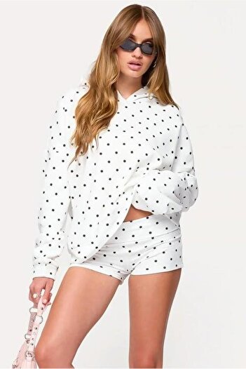 Madmext White Polka Dot Hooded Women's Sweatshirt Mg2560