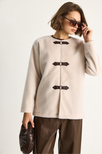 Bianco Lucci Women's Leather Buckle Detailed Lined Wool Textured Short Coat 7022 60284077