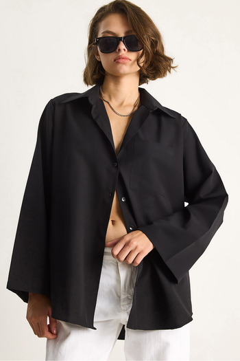 Bianco Lucci Women's Wide Sleeve Single Pocket Detailed Oversize Basic Poplin Shirt 2144 60284103