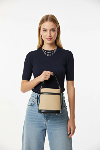 PayBuy Women's Contrast Stitched Bucket Shaped Hand and Shoulder Use Drawstring Modern Bag