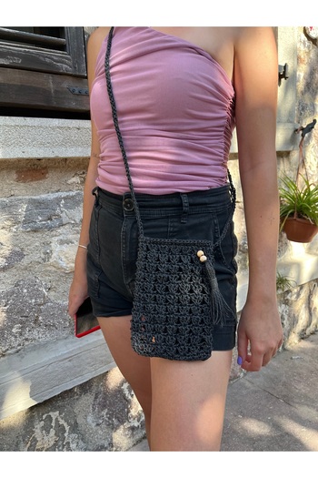 hati Straw Phone Holder Bag Paper Rope Bag Black