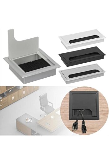 Generic ABS Table Rectangle Wire Hole Cover Outlet Port With Brush PC Desk Cable Organizer - 100x200mm Silve