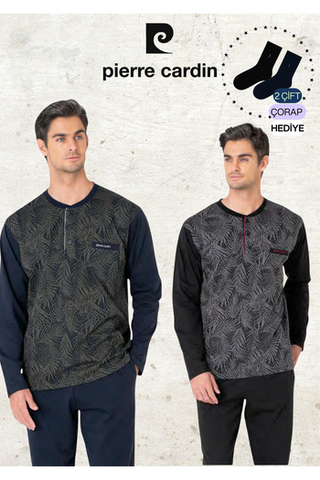 Pierre Cardin Men's 100% Cotton Long Sleeve Jacquard Khaki & Black Two Piece Pajama Set L1.Pc.6111.002