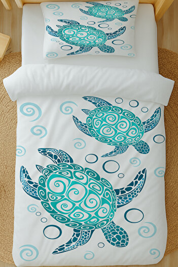 Else Dekor Turquoise Caretta Turtle Patterned Cotton Satin Single Duvet Cover Set 160X220Cm