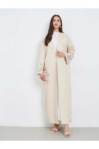 Take Two By Styli Beige Open Front Embroidered Sleeve Abaya