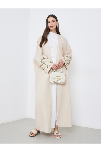 Take Two By Styli Beige Open Front Embroidered Sleeve Abaya