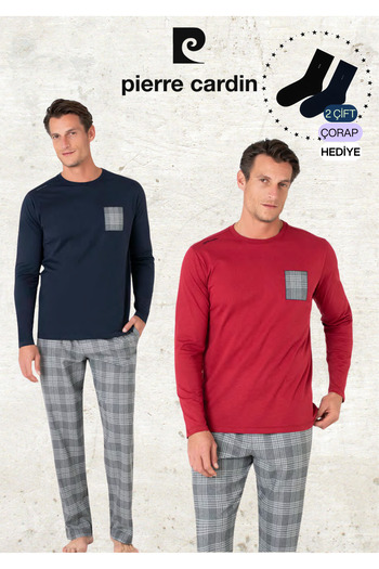 Pierre Cardin Men's 100% Cotton Plaid Detailed Navy Blue & Burgundy Two Piece Pajama Set L1.Pc.6107.002