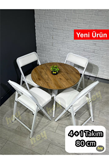 hey modüler mobilya Aras Ceviz 4 Kişilik Yuvarlak Mutfak Yemek Masası Takımı 4+1 Beyaz Deri 80 cm