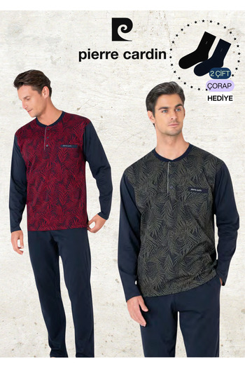 Pierre Cardin Men's 100% Cotton Long Sleeve Jacquard Burgundy & Khaki Two Piece Pajama Set L1.Pc.6111.002