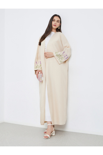 Take Two By Styli Beige Open Front Embroidered Sleeve Abaya