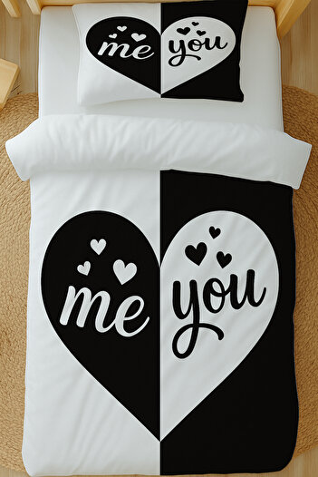 Else Dekor Black and White Heart Patterned Cotton Satin Single Duvet Cover Set 160X220Cm