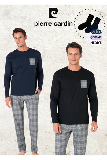 Pierre Cardin Men's 100% Cotton Plaid Detailed Black & Navy Blue Two Piece Pajama Set L1.Pc.6107.002