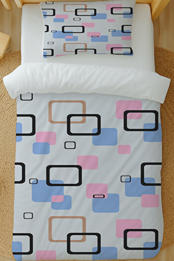 Else Dekor Blue Pink Geometric Patterned Cotton Satin Single Duvet Cover Set 160X220Cm