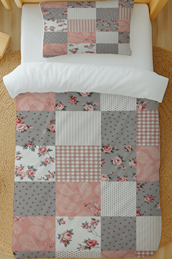 Else Dekor Grey Pink Retro Floral Pattern Cotton Satin Single Duvet Cover Set 160X220Cm
