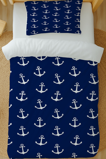 Else Dekor Blue Sailor Anchor Patterned Cotton Satin Single Duvet Cover Set 160X220Cm