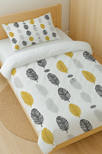 Else Dekor Yellow Gray Ethnic Feathers Patterned Cotton Satin Single Duvet Cover Set 160X220Cm