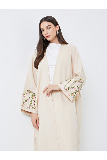 Take Two By Styli Beige Open Front Embroidered Sleeve Abaya