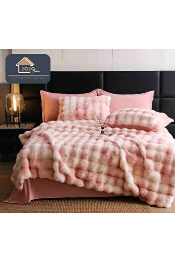 JOJO HOME Double Bed Linen, Extra Fluffy, Faux Rabbit Fur, 6 Pieces, Pink Multicolor