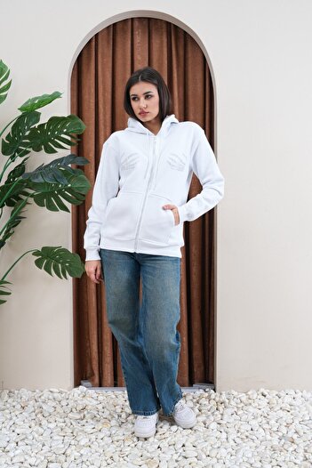 jansogroup - Stone-Embellished Zippered Hooded Oversize Sweatshirt in Large Size