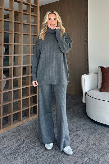 Laluvia Anthracite High Neck Ribbed Knitwear Set - 4671
