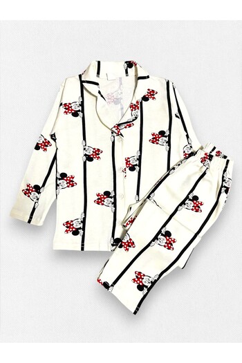 Pajama Shop Girl's Shirt Collar Cotton Fabric Ecru Striped Patterned Long Sleeve Winter Ribbed Pajama Set
