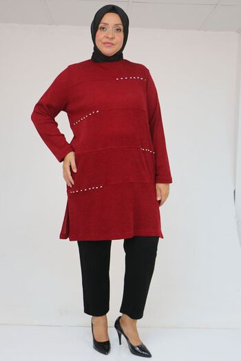 Eslina 58113 Plus Size Dikme Stone Detailed Striped Mir Tunic - Burgundy