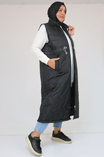Eslina 44009 Plus Size Baby Rubber Detailed Quilted Vest - Black
