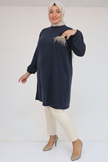Eslina 58114 Plus Size Mir Tunic with Elastic Sleeves and Tassel Detail - Navy Blue
