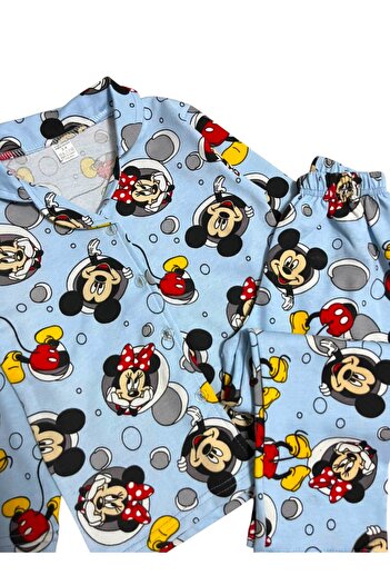 Pajama Shop Girl's 100% Cotton Blue Mouse Patterned Shirt Collar Buttoned Winter Pajama Set
