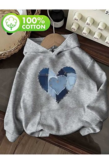 caddekombin Denim Heart Printed Hooded Pocketed Cotton Gray Sweatshirt