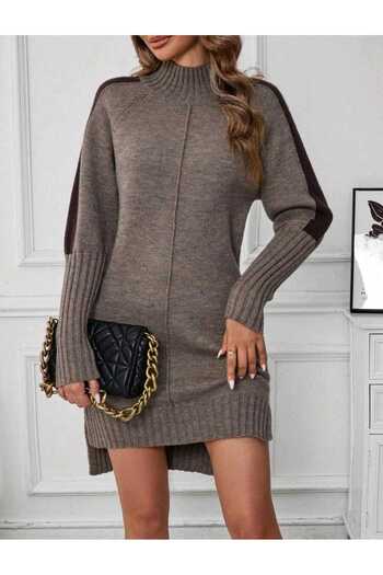 Bracha Half Turtleneck, Stripe Detail on the Sleeves, Double Slits, Short Front Long Back Model Knitwear Dress
