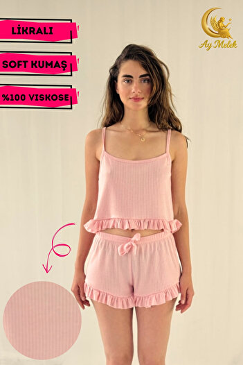 AYMELEK Women's Crop Strap Ruffle Detailed 100% Cotton Mini Shorts Pajama Set Dowry