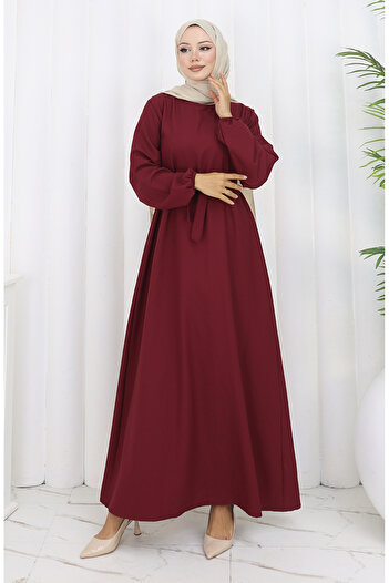 sefamerve Belted Dress with Elasticated Sleeves 2151-04 Burgundy