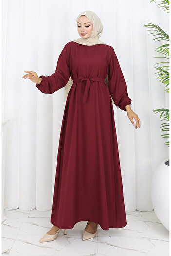 sefamerve Belted Dress with Elasticated Sleeves 2151-04 Burgundy