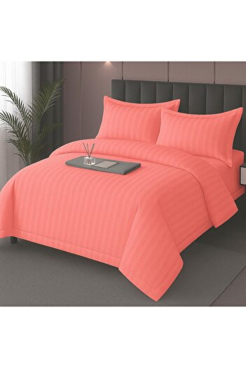 Pucioasa Double bed linen in polycotton damask, 4 pieces, salmon pink