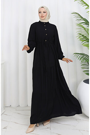 sefamerve Half Buttoned Waist Lace up Dress 2154-01 Black