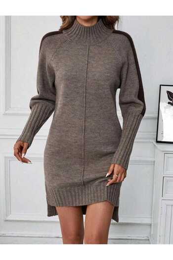 Bracha Half Turtleneck, Stripe Detail on the Sleeves, Double Slits, Short Front Long Back Model Knitwear Dress